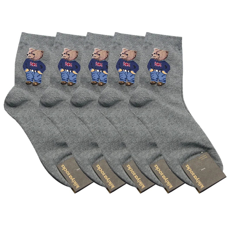 5 Pairs Cartoon Gentleman Bear Men's Socks Comfortable Harajuku Skateboard Socks Novelty Breathable Sox Christmas Gift