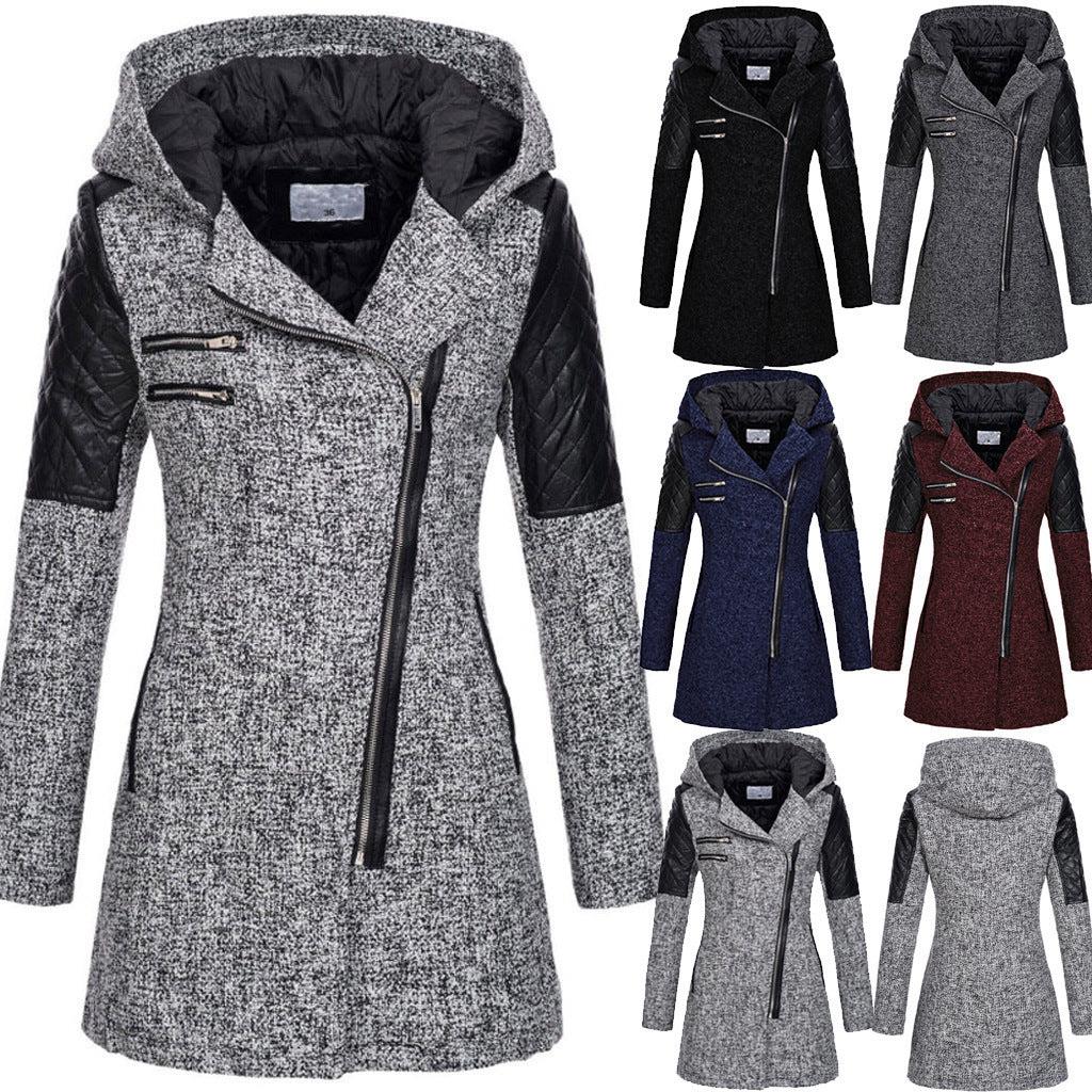Hooded Diagonal Zipper Coat