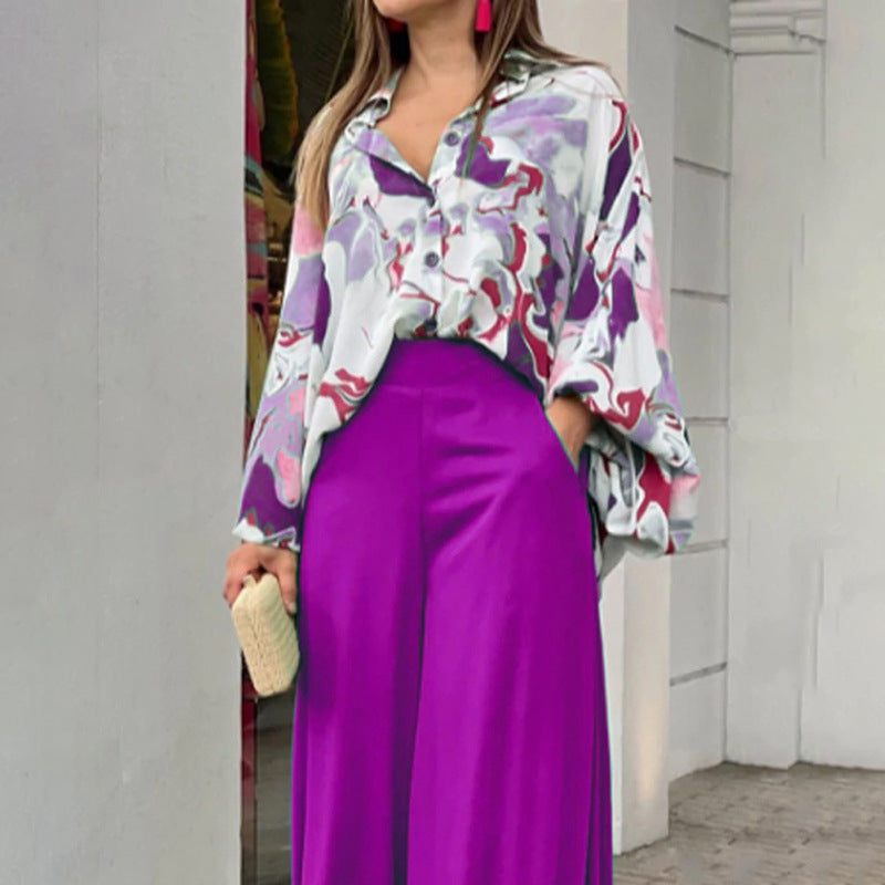Floral Button-Up Blouse & Wide-Leg Pant