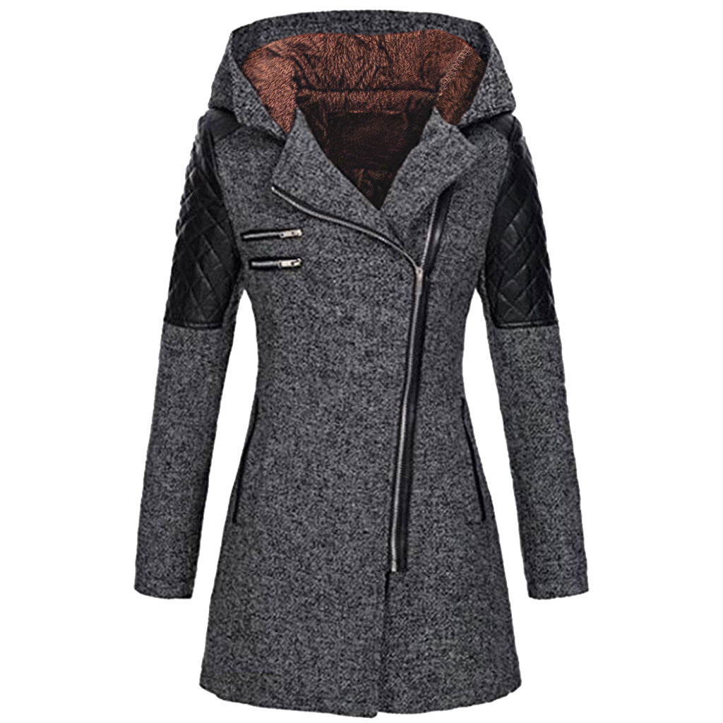 Hooded Diagonal Zipper Coat