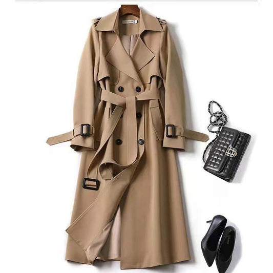 Women's Classic Trench Coat, Solid Color Long Sleeve Belted Mid-Length Jacket With Button Detail For Spring And Fall