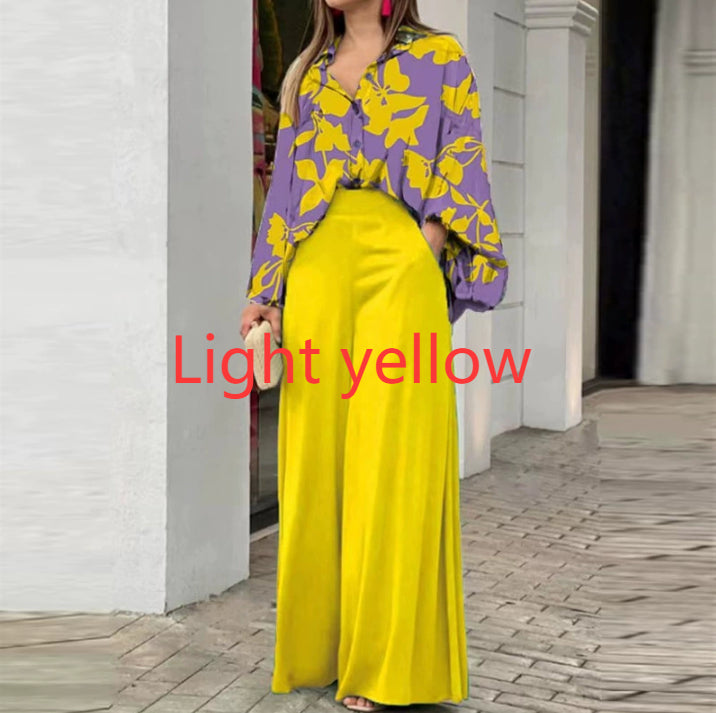 Floral Button-Up Blouse & Wide-Leg Pant