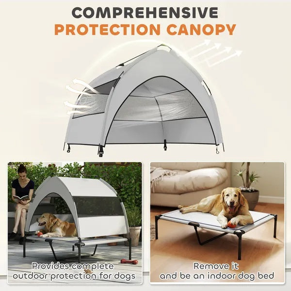 Elevated Dog Bed With Removable Canopy, Pet Cot With Cooling Pad, Storage Bag