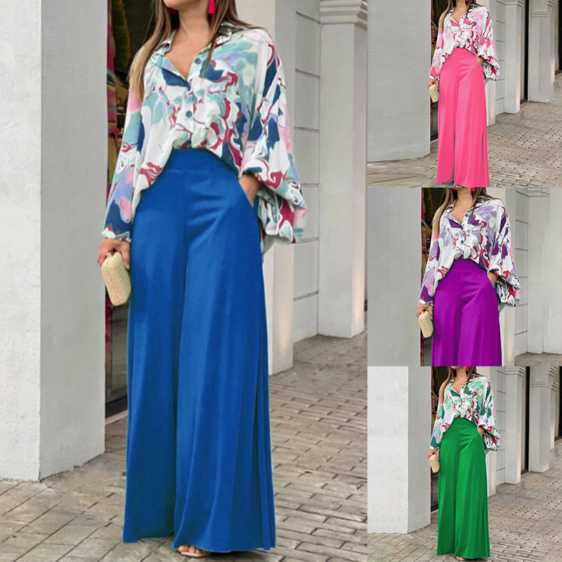 Floral Button-Up Blouse & Wide-Leg Pant