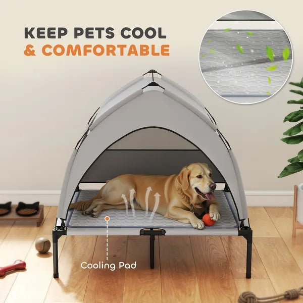 Elevated Dog Bed With Removable Canopy, Pet Cot With Cooling Pad, Storage Bag