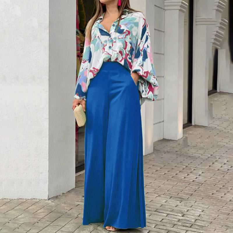 Floral Button-Up Blouse & Wide-Leg Pant