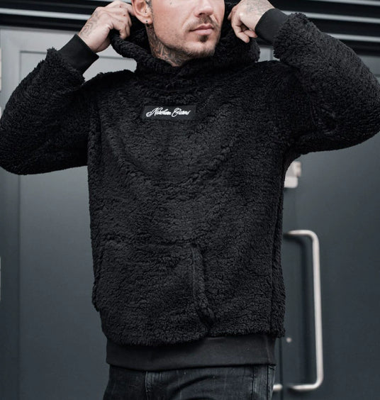 Men's sherpa fleece pullover hoodie with kangaroo pocket