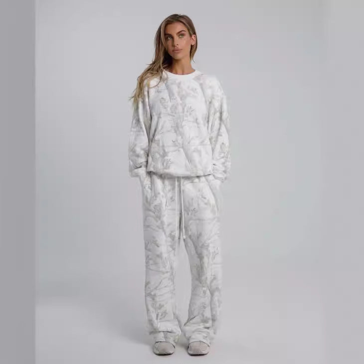 Maple leaf print hoodie and pants set, front view
