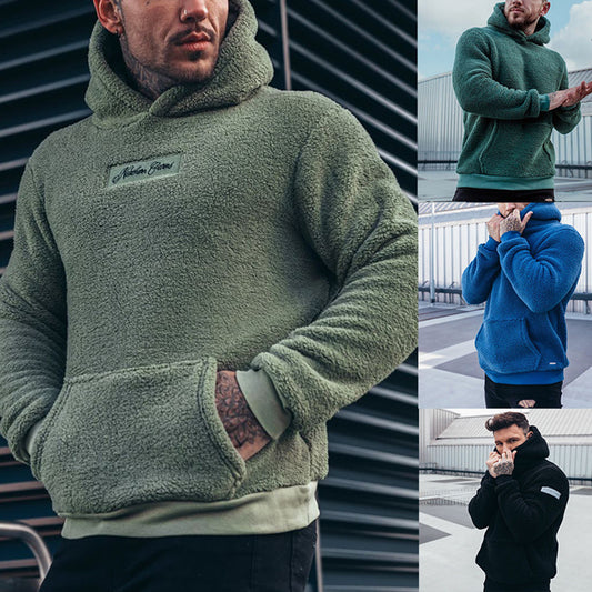 Men's sherpa fleece pullover hoodie with kangaroo pocket