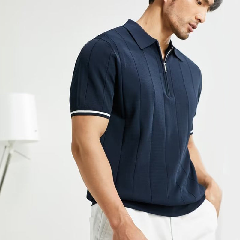 Close-up of the zip collar on a men's polo shirt
