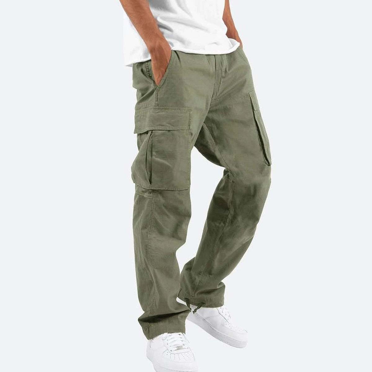 Men's multi-pocket drawstring cargo pants in Green, front view