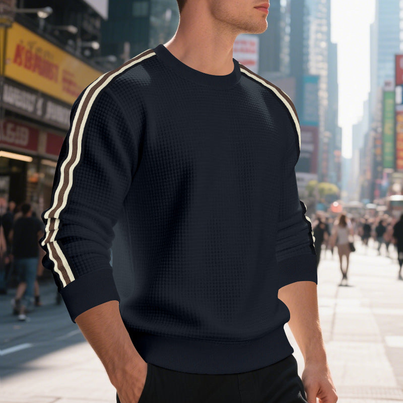 Men's striped round neck sweatshirt in blue, front view