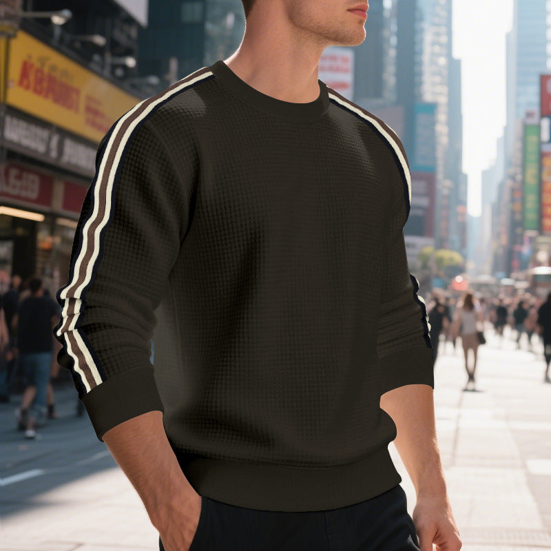 Men's striped round neck sweatshirt in brown, front view