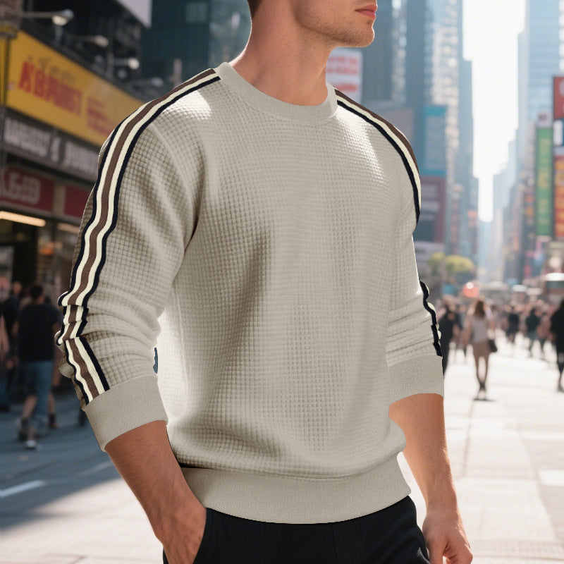 Men's striped round neck sweatshirt in camel color,  front view