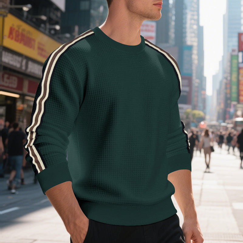 Men's striped round neck sweatshirt in green, front view
