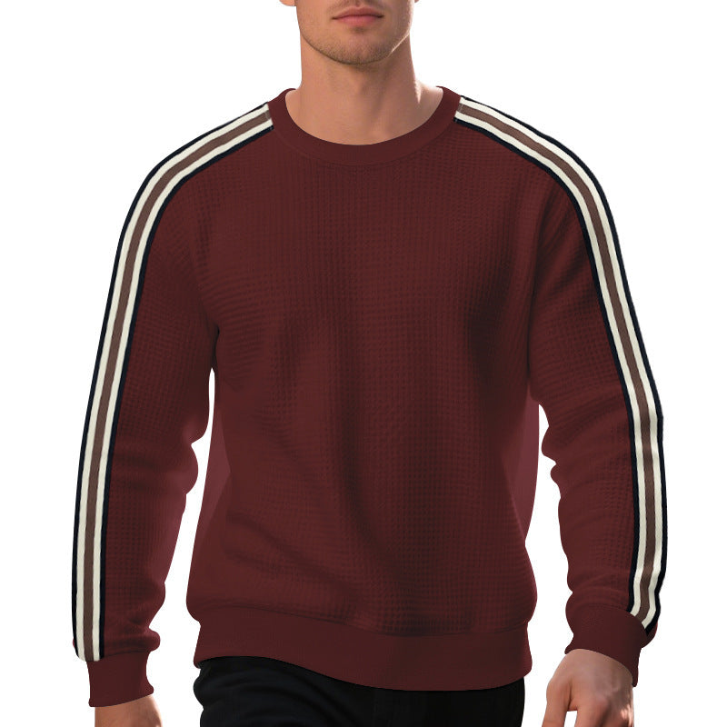 Men's striped round neck sweatshirt in light khaki, front view