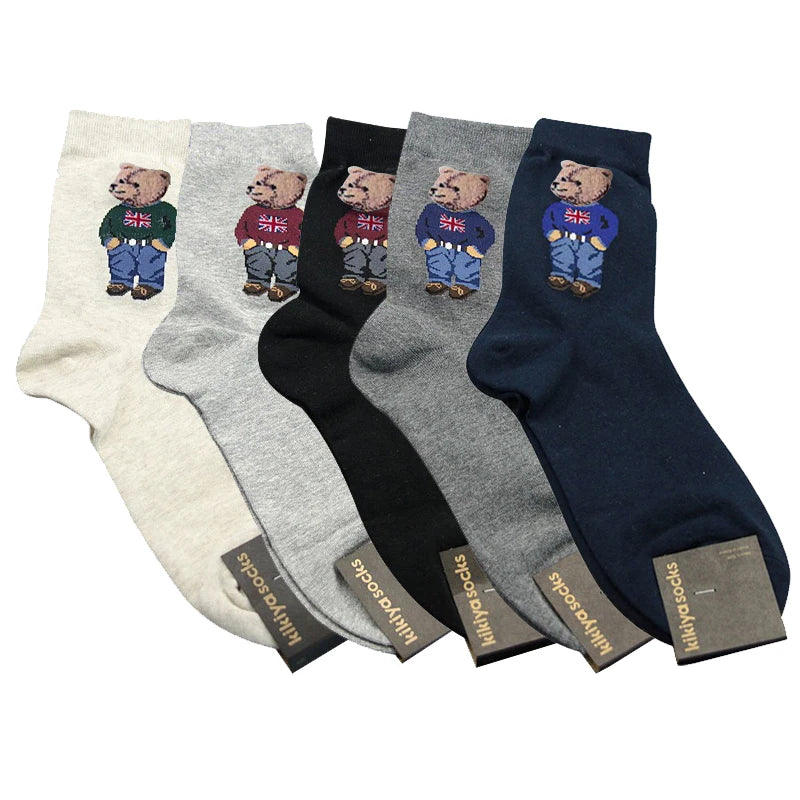 5 Pairs Cartoon Gentleman Bear Men's Socks Comfortable Harajuku Skateboard Socks Novelty Breathable Sox Christmas Gift