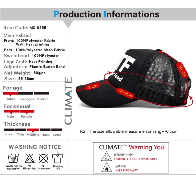 CLIMATE WTF Funny Trucker Caps Men Funny WTF Baseball Caps Foodie Snacks Cate Fans Cap Hip Hop Summer Mesh Caps for Men Women