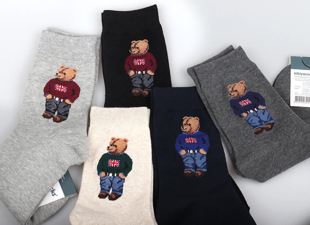 5 Pairs Cartoon Gentleman Bear Men's Socks Comfortable Harajuku Skateboard Socks Novelty Breathable Sox Christmas Gift