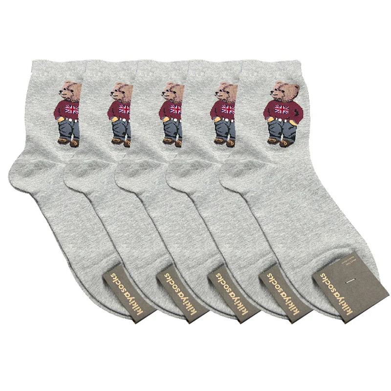 5 Pairs Cartoon Gentleman Bear Men's Socks Comfortable Harajuku Skateboard Socks Novelty Breathable Sox Christmas Gift