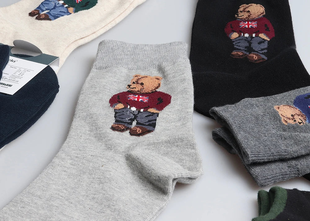 5 Pairs Cartoon Gentleman Bear Men's Socks Comfortable Harajuku Skateboard Socks Novelty Breathable Sox Christmas Gift