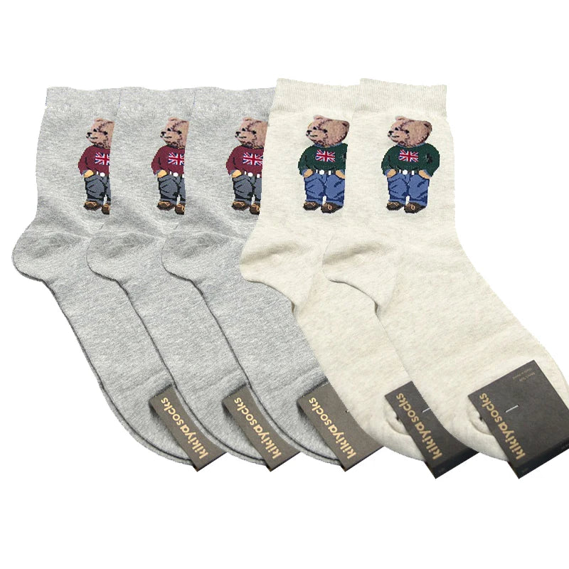 5 Pairs Cartoon Gentleman Bear Men's Socks Comfortable Harajuku Skateboard Socks Novelty Breathable Sox Christmas Gift