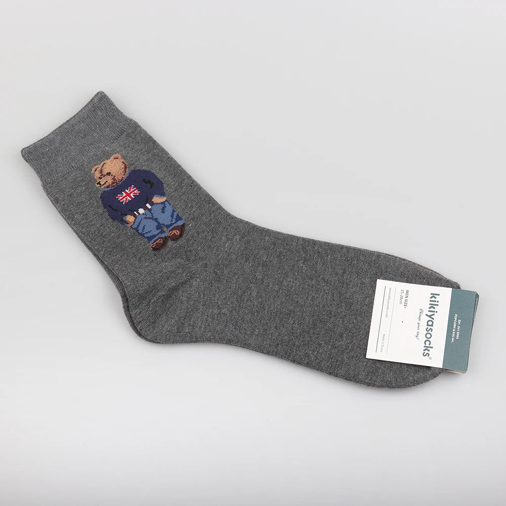 5 Pairs Cartoon Gentleman Bear Men's Socks Comfortable Harajuku Skateboard Socks Novelty Breathable Sox Christmas Gift