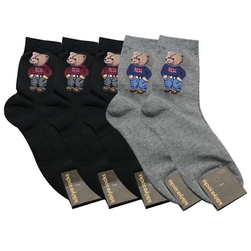5 Pairs Cartoon Gentleman Bear Men's Socks Comfortable Harajuku Skateboard Socks Novelty Breathable Sox Christmas Gift