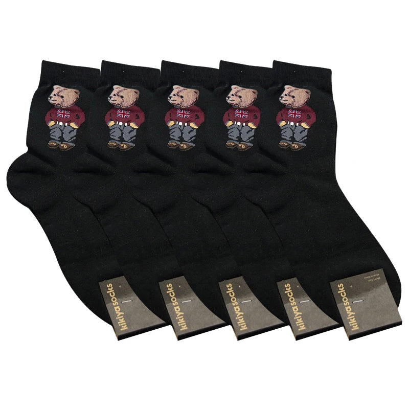 5 Pairs Cartoon Gentleman Bear Men's Socks Comfortable Harajuku Skateboard Socks Novelty Breathable Sox Christmas Gift