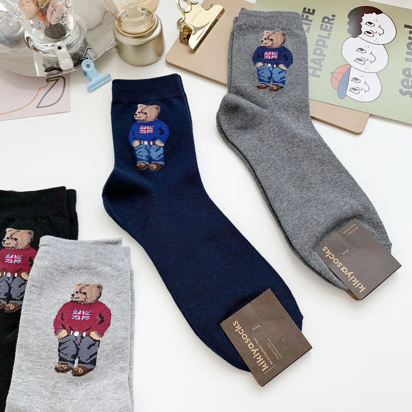 5 Pairs Cartoon Gentleman Bear Men's Socks Comfortable Harajuku Skateboard Socks Novelty Breathable Sox Christmas Gift