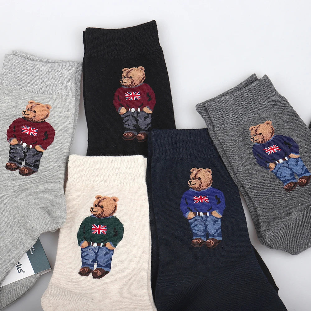 5 Pairs Cartoon Gentleman Bear Men's Socks Comfortable Harajuku Skateboard Socks Novelty Breathable Sox Christmas Gift