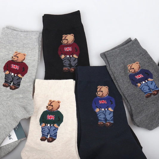 5 Pairs Cartoon Gentleman Bear Men's Socks Comfortable Harajuku Skateboard Socks Novelty Breathable Sox Christmas Gift
