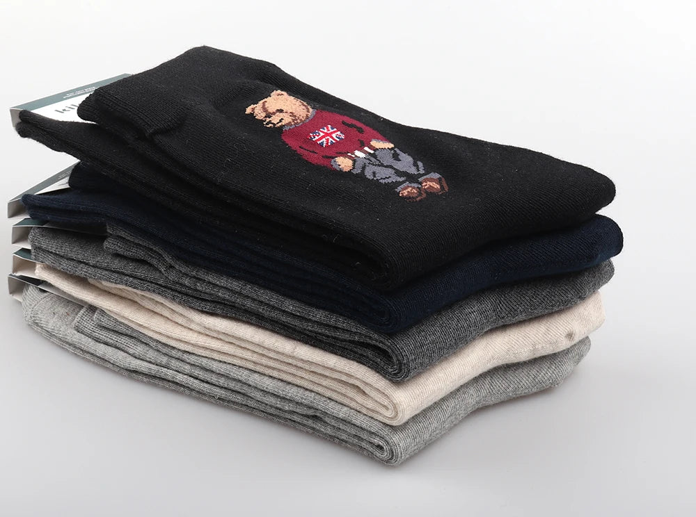 5 Pairs Cartoon Gentleman Bear Men's Socks Comfortable Harajuku Skateboard Socks Novelty Breathable Sox Christmas Gift