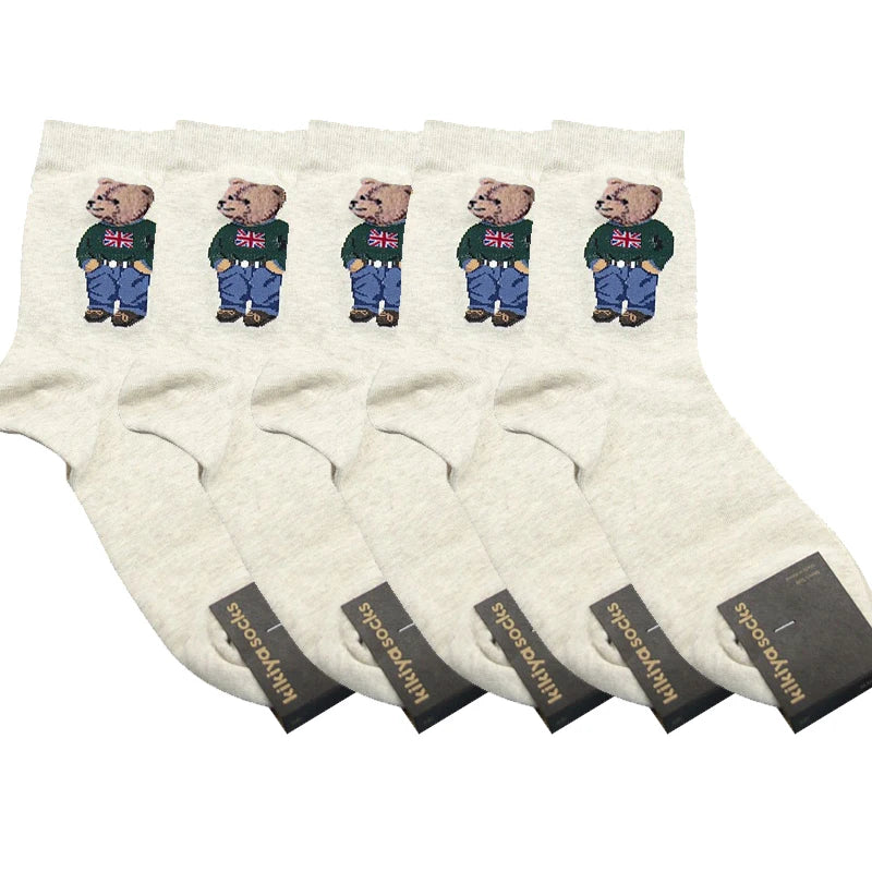 5 Pairs Cartoon Gentleman Bear Men's Socks Comfortable Harajuku Skateboard Socks Novelty Breathable Sox Christmas Gift