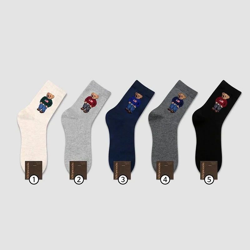 5 Pairs Cartoon Gentleman Bear Men's Socks Comfortable Harajuku Skateboard Socks Novelty Breathable Sox Christmas Gift