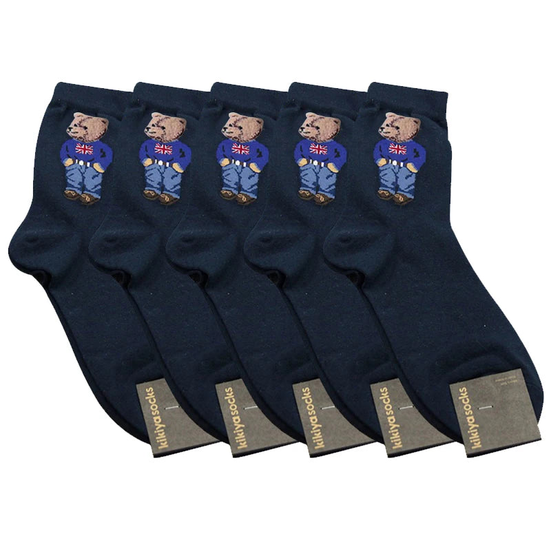 5 Pairs Cartoon Gentleman Bear Men's Socks Comfortable Harajuku Skateboard Socks Novelty Breathable Sox Christmas Gift