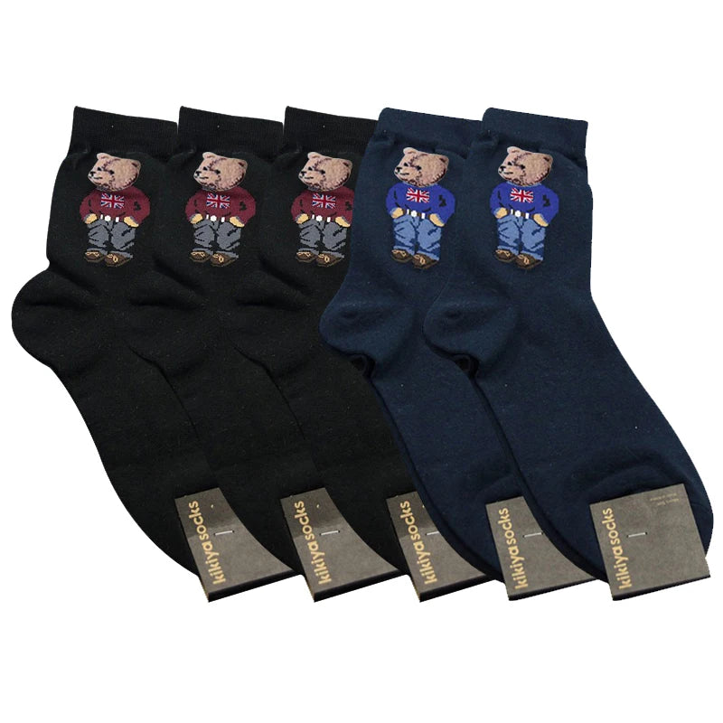 5 Pairs Cartoon Gentleman Bear Men's Socks Comfortable Harajuku Skateboard Socks Novelty Breathable Sox Christmas Gift