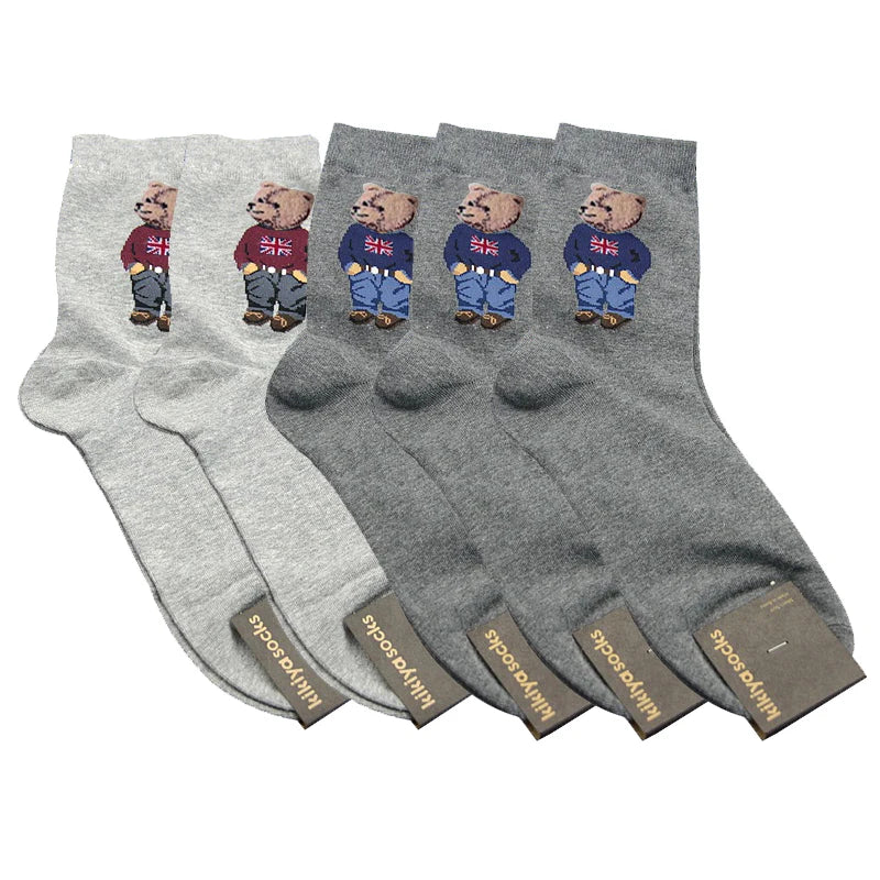 5 Pairs Cartoon Gentleman Bear Men's Socks Comfortable Harajuku Skateboard Socks Novelty Breathable Sox Christmas Gift