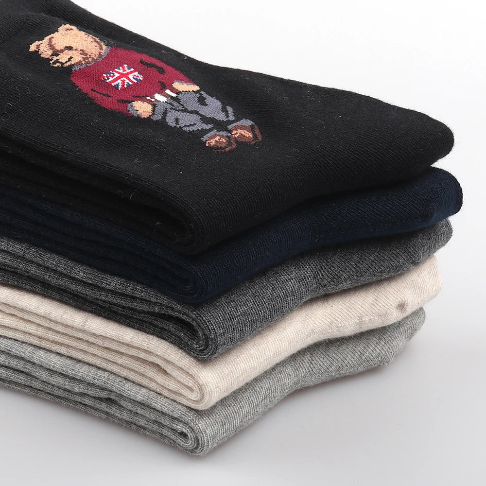 5 Pairs Cartoon Gentleman Bear Men's Socks Comfortable Harajuku Skateboard Socks Novelty Breathable Sox Christmas Gift
