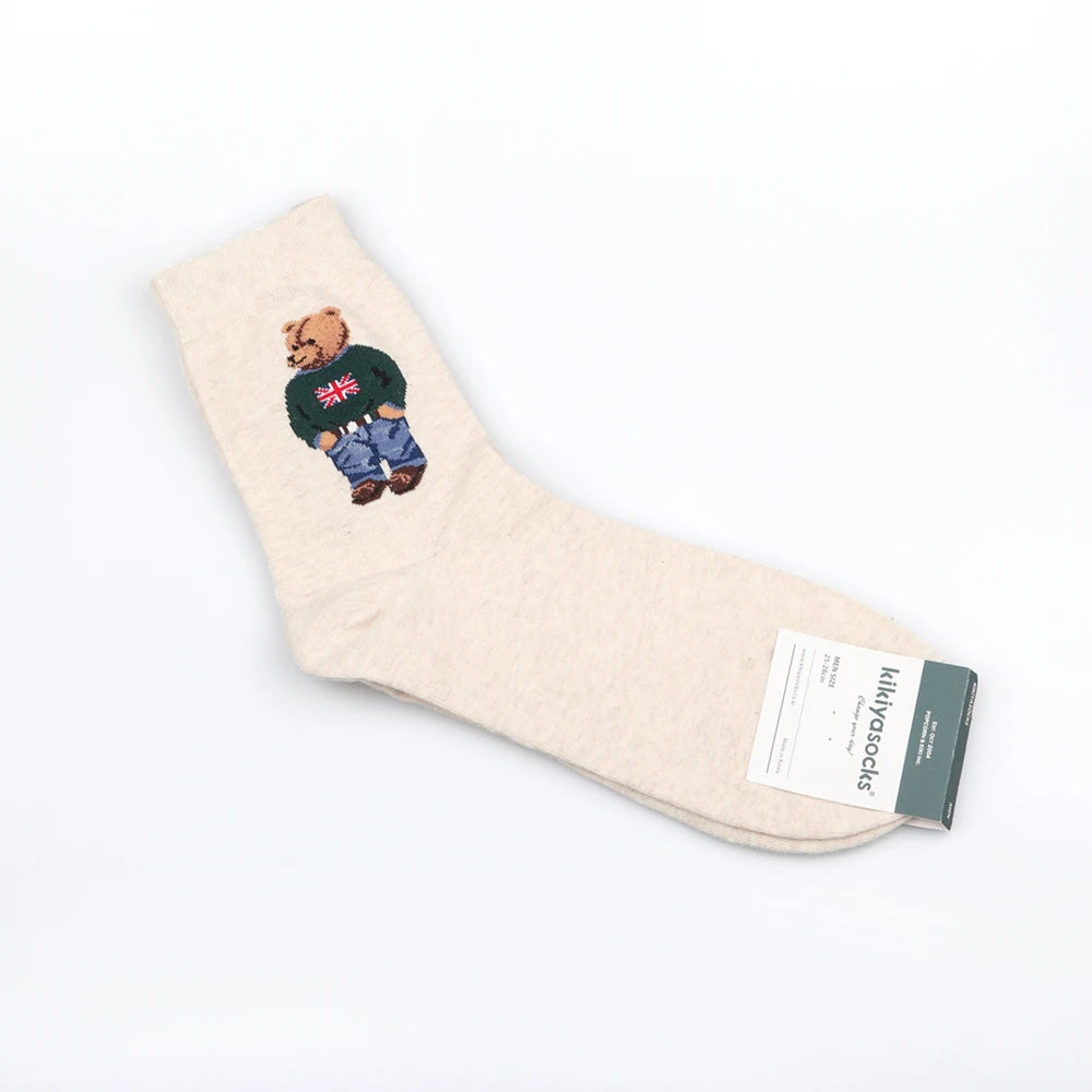5 Pairs Cartoon Gentleman Bear Men's Socks Comfortable Harajuku Skateboard Socks Novelty Breathable Sox Christmas Gift