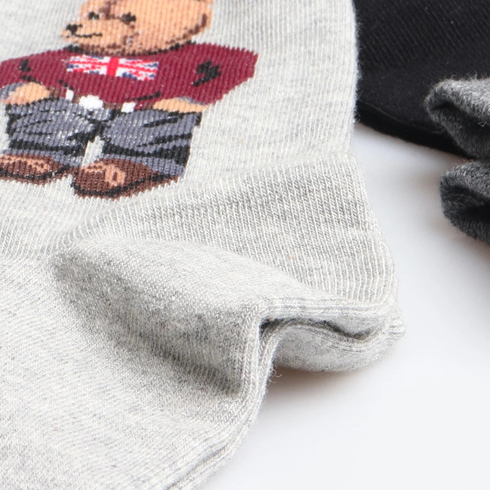5 Pairs Cartoon Gentleman Bear Men's Socks Comfortable Harajuku Skateboard Socks Novelty Breathable Sox Christmas Gift