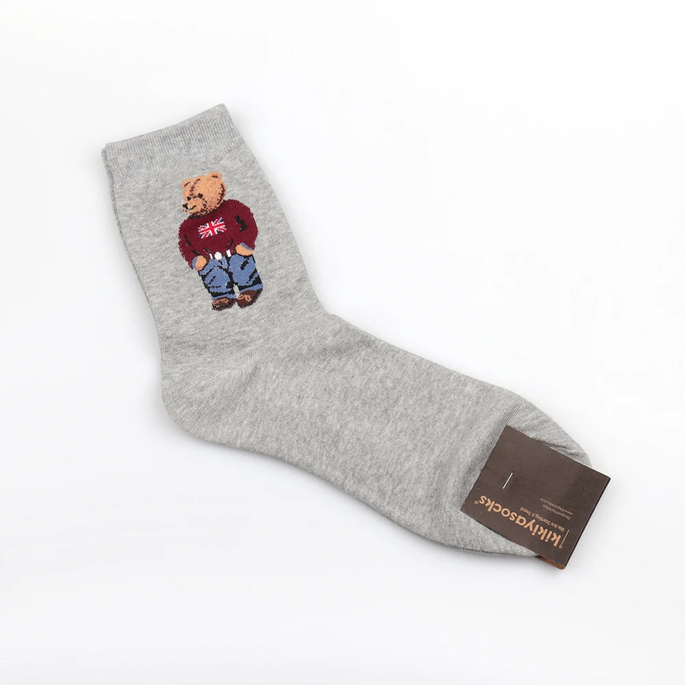 5 Pairs Cartoon Gentleman Bear Men's Socks Comfortable Harajuku Skateboard Socks Novelty Breathable Sox Christmas Gift