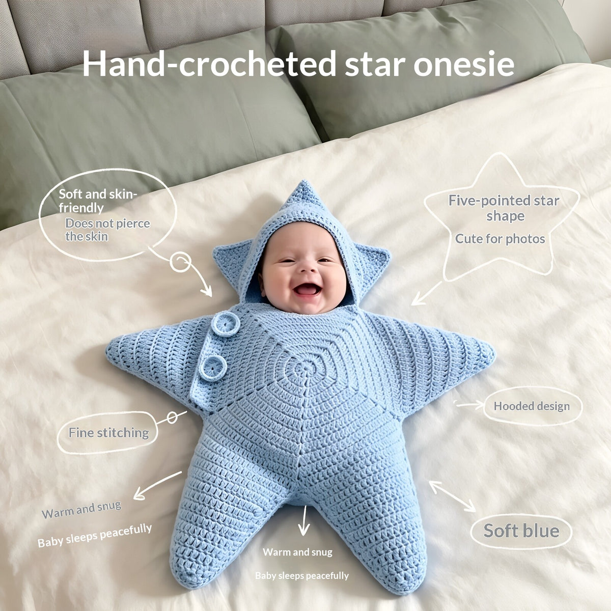 Starfish hooded baby romper, Light Blue