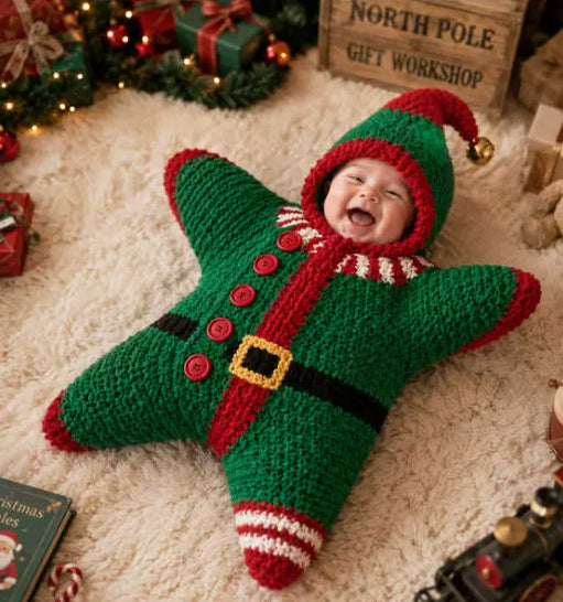 Starfish hooded baby romper, color Christmas