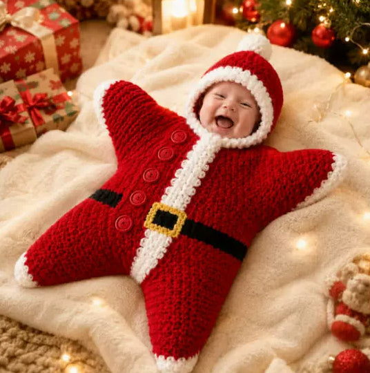 Starfish hooded baby romper, holiday print detail