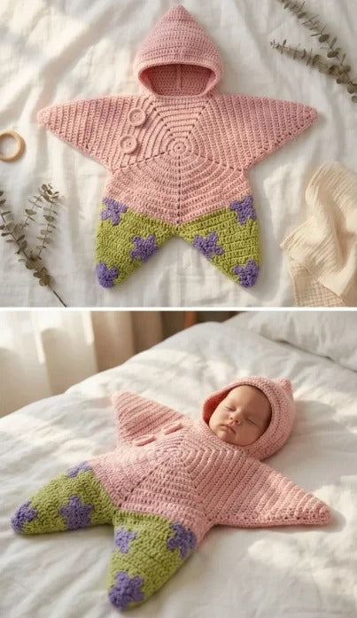 Starfish hooded baby romper, styled on baby