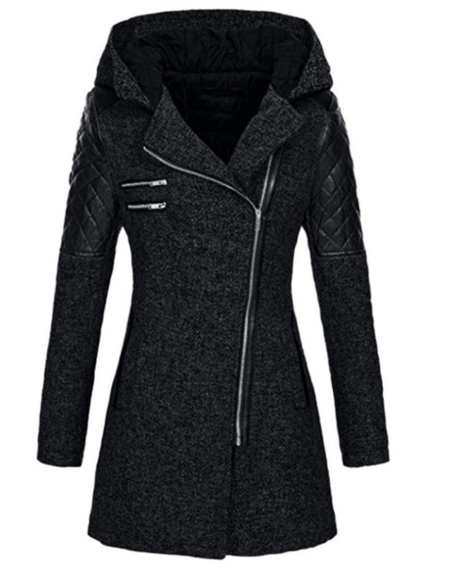 Hooded Diagonal Zipper Coat