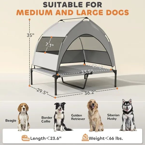 Elevated Dog Bed With Removable Canopy, Pet Cot With Cooling Pad, Storage Bag