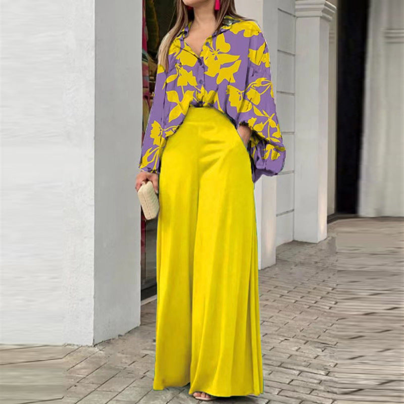 Floral Button-Up Blouse & Wide-Leg Pant