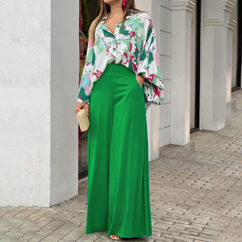 Floral Button-Up Blouse & Wide-Leg Pant